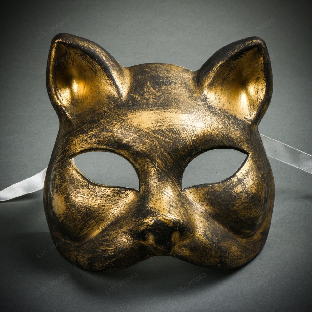 Black Venetian Gatto Cat Masquerade Wedding Party Face Mask with Brushed Gold